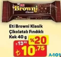 ETİ BROWNİ KLASİK ÇİKOLATALI FINDIKLI KEK 40 G fiyat ve kampanya bilgisi